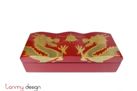 Red rectangular lacquer box with wavy lid hand-painted dragons 12x30xH8 cm